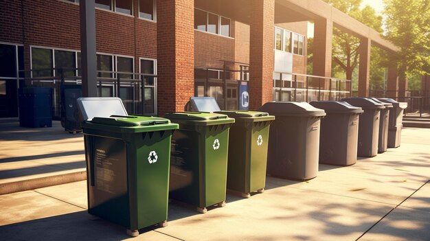 une rangée de poubelles vertes avec une lettre b sur le côté