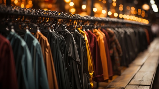 Une rangée de racks avec des vêtements dans un magasin pour le Black Friday généré par l'IA