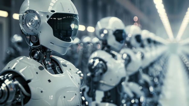 Une rangée de robots humanoïdes avancés avec visor dans une unité de fabrication de haute technologie