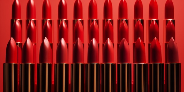 Une rangée de rouges à lèvres rouges sont alignés en rangées.