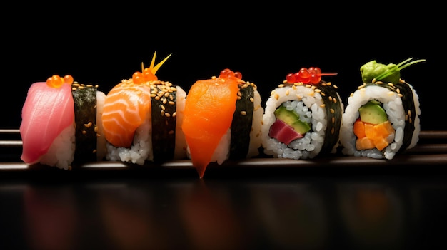 une rangée de rouleaux de sushi avec différentes garnitures