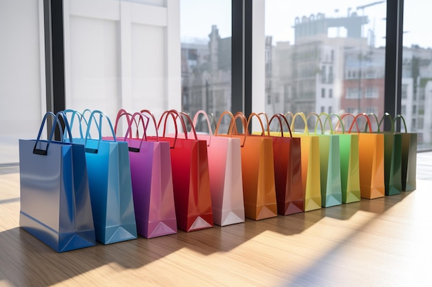 Photo une rangée de sacs d'achat colorés un acheteur étiqueté