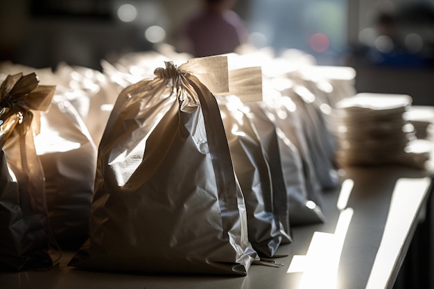 Une rangée de sacs à emporter pleins sur un comptoir dans un café