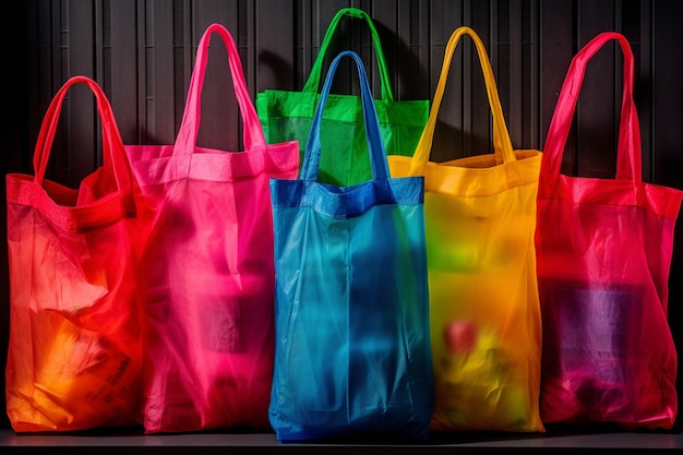 Une rangée de sacs à provisions colorés est alignée contre un mur noir