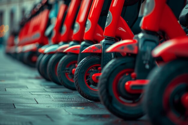 Une rangée de scooters électriques rouges stationnés dans la rue