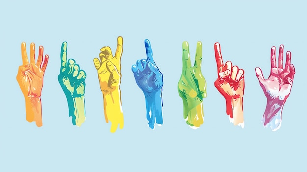 Une rangée de six mains d'aquarelle de différentes couleurs Les mains font toutes des gestes différents de tenir un doigt à tenir cinq doigts