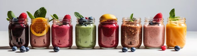 Une rangée de smoothies avec des myrtilles sur le dessus