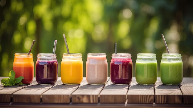 Une rangée de smoothies avec des pailles dessus