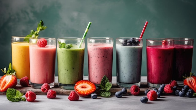 Une rangée de smoothies avec des pailles et une paille verte