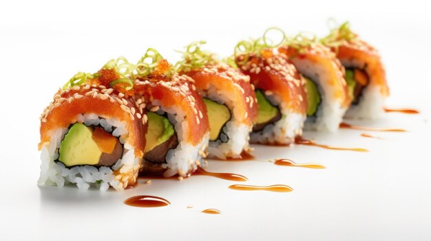 une rangée de sushi avec des graines de sésame