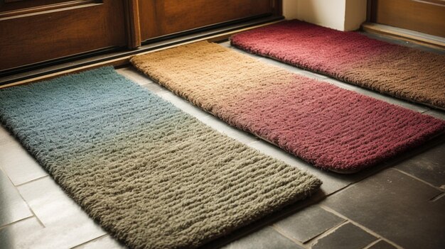 Une rangée de tapis colorés dans un couloir.