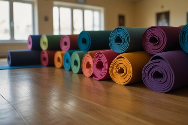 Photo une rangée de tapis de yoga de couleurs