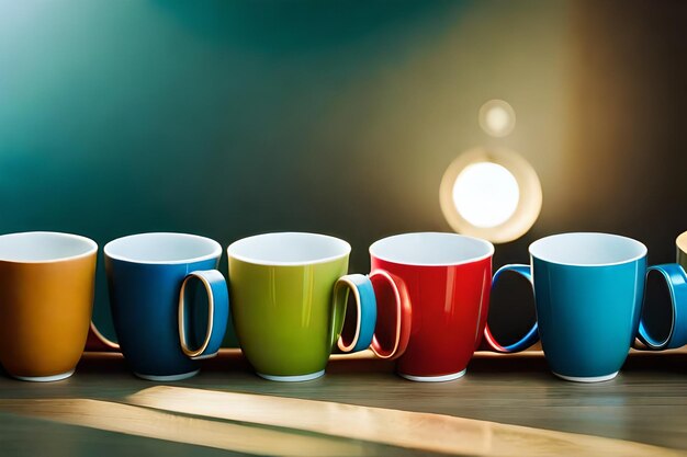 une rangée de tasses à café colorées sur une table.