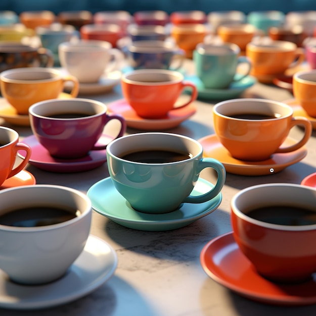 Photo une rangée de tasses à café et de soucoupes dont une qui dit « café ».