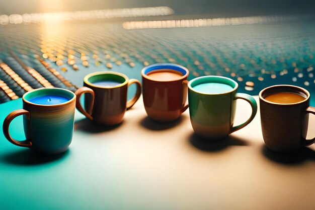 Une rangée de tasses à café sur une table avec les mots « café » sur le dessus.