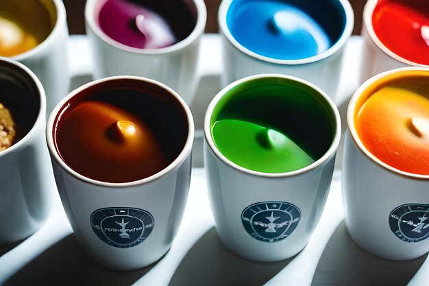 Une rangée de tasses colorées avec le mot boussole dessus.