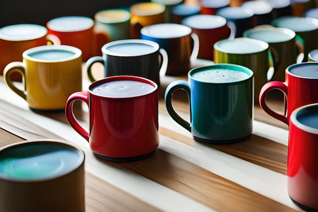 Une rangée de tasses colorées avec les mots « café » en bas.