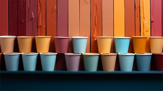 Une rangée de tasses colorées sont alignées sur une étagère.