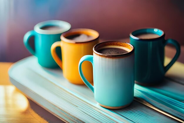 une rangée de tasses colorées sont disposées sur une étagère