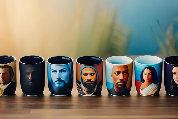 Une rangée de tasses avec des visages et des visages dessus.