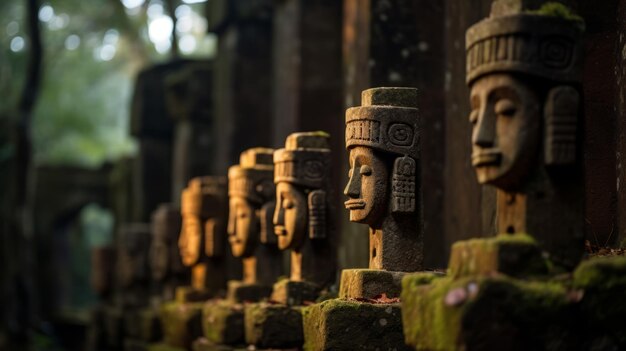 Photo une rangée de têtes de pierre sculptées dans la jungle