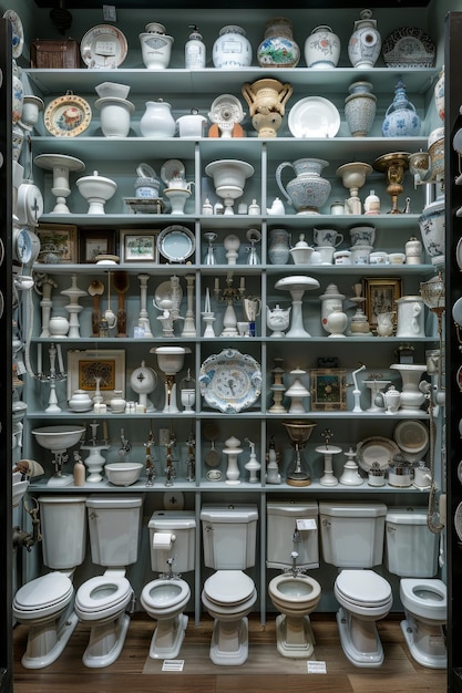 Photo une rangée de toilettes suspendues au mur blanc dans un magasin de plomberie