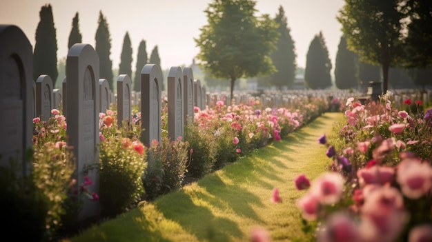 Une rangée de tombes avec des fleurs au premier plan et une rose avec le mot cimetière en haut.