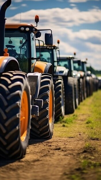 une rangée de tracteurs garés sur un chemin de terre