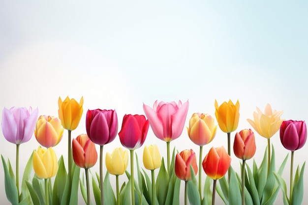 Une rangée de tulipes colorées isolées sur un fond blanc