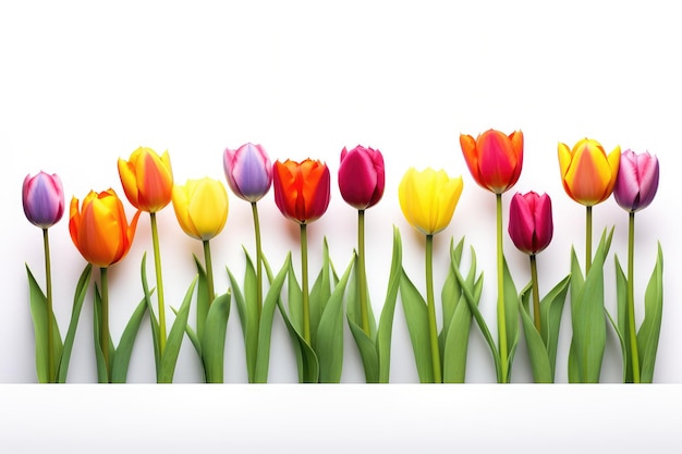 Une rangée de tulipes colorées isolées sur un fond blanc