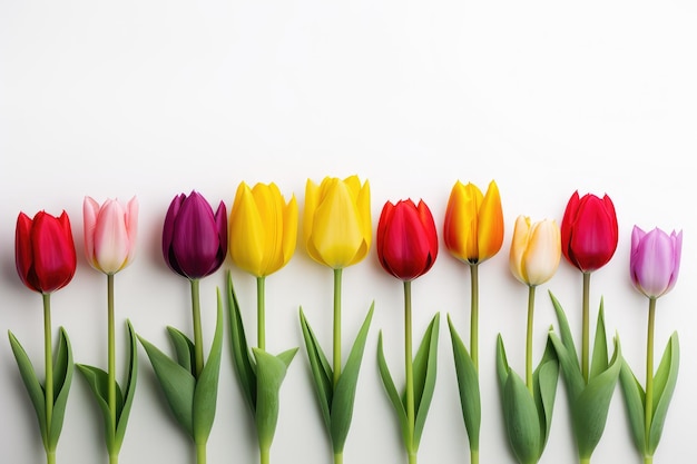 Une rangée de tulipes colorées isolées sur un fond blanc