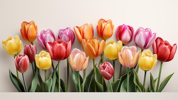 Photo une rangée de tulipes colorées isolées sur un fond transparent