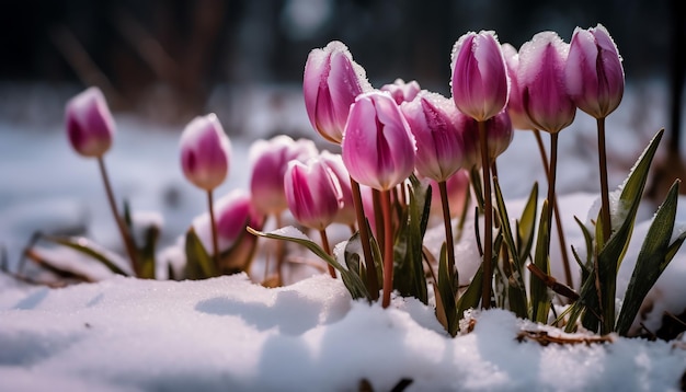 Une rangée de tulipes dans la neige avec le soleil qui brille dessus