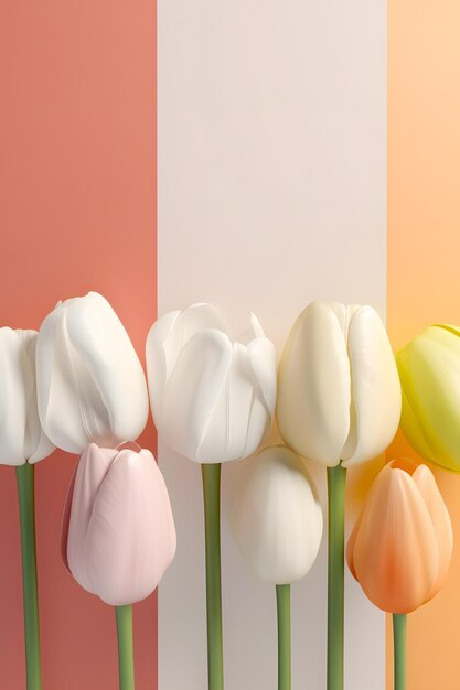 Une rangée de tulipes avec un fond rose pastel