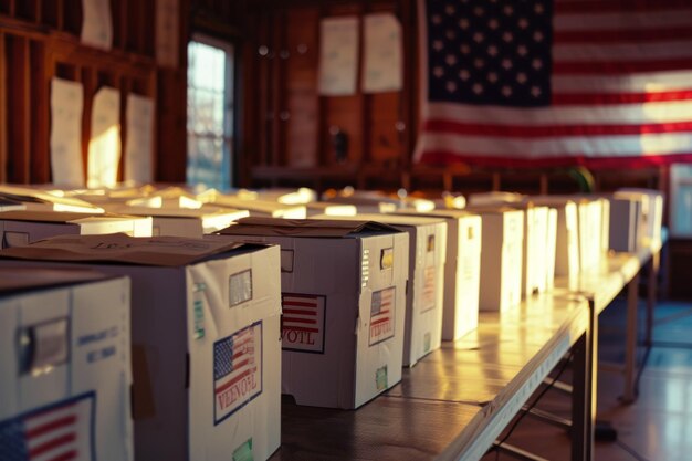 Photo une rangée d'urnes électorales avec un drapeau américain derrière le vote présidentiel des états-unis