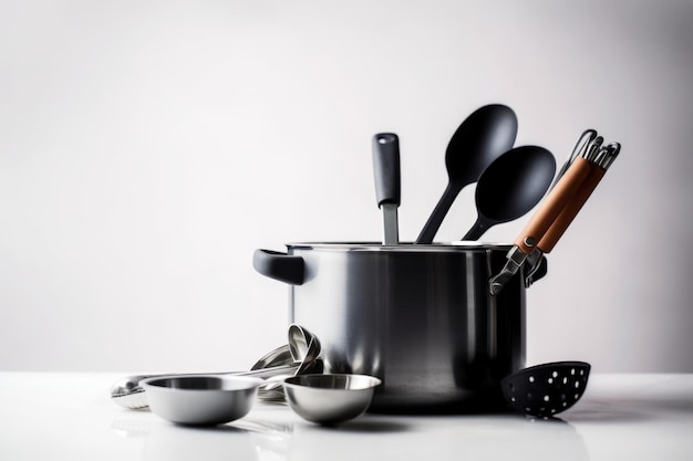 Rangée d'ustensiles de cuisine dans un décor minimaliste sur fond blanc créé avec une IA générative