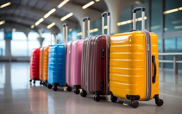 Une rangée de valises colorées alignées dans une rangée à l'aéroport AI