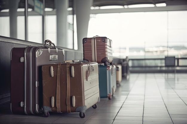 Une rangée de valises sont sur le sol d'un aéroport.