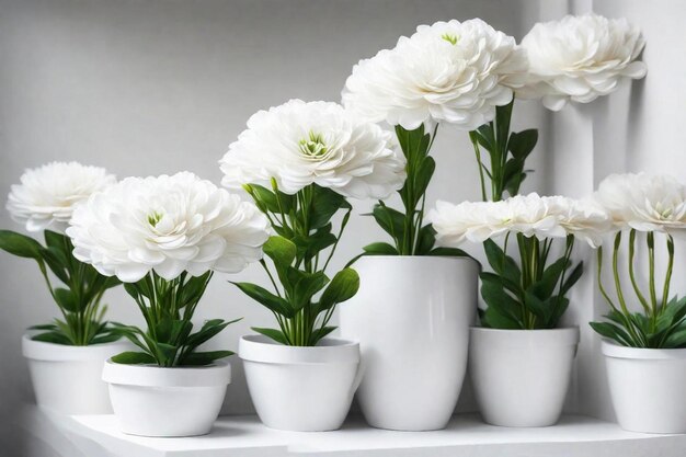 une rangée de vases blancs avec des fleurs blanches