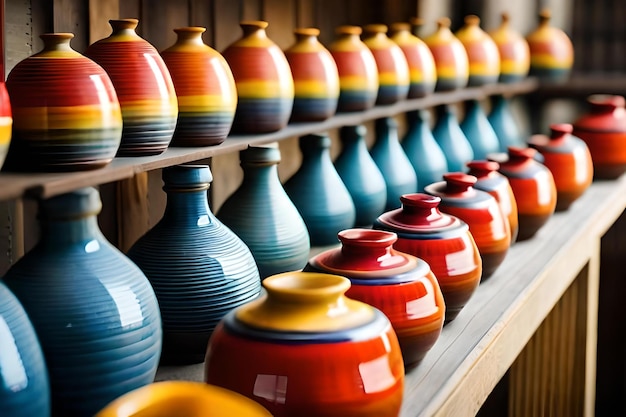 Une rangée de vases colorés est alignée sur une étagère.