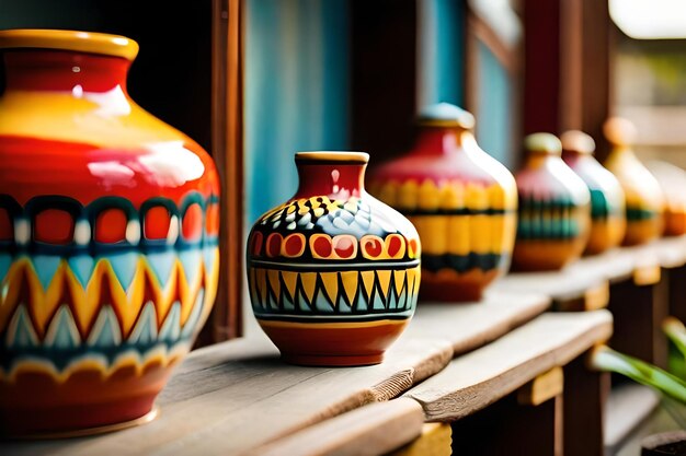 Une rangée de vases colorés est alignée sur une étagère.