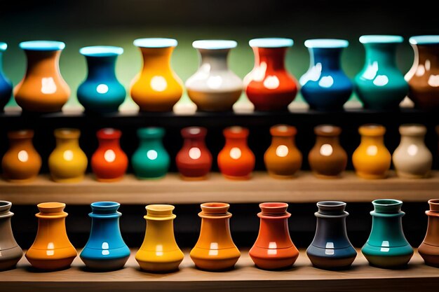 Une rangée de vases colorés est alignée sur une étagère.