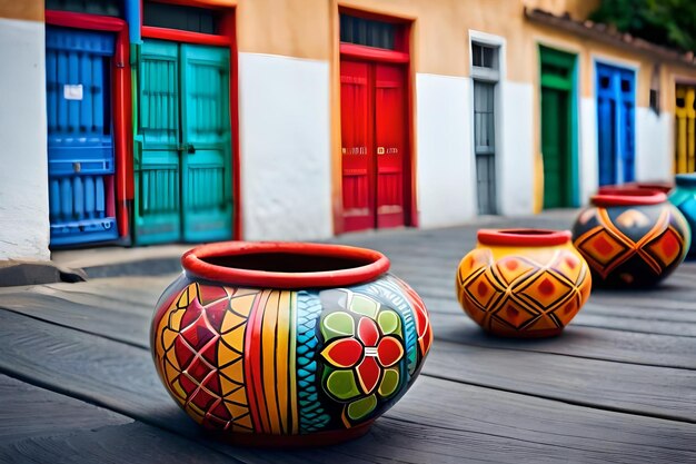 Une rangée de vases colorés est posée sur une surface en bois.
