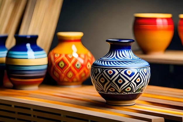 Une rangée de vases colorés sur une étagère en bois.