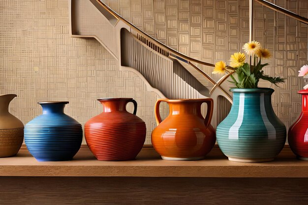 une rangée de vases colorés avec des fleurs dedans