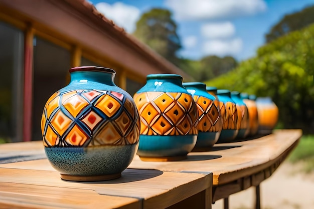 Photo une rangée de vases colorés avec un motif bleu et orange dessus.