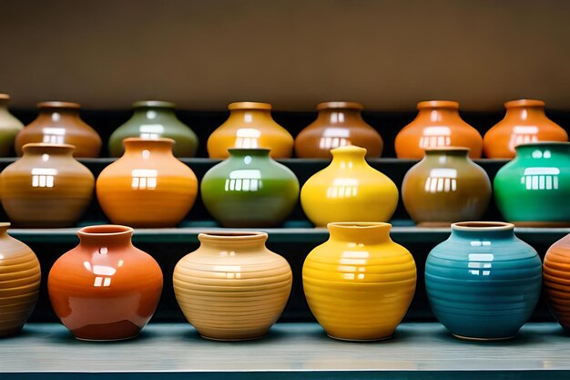 Une rangée de vases colorés avec le numéro 1 dessus