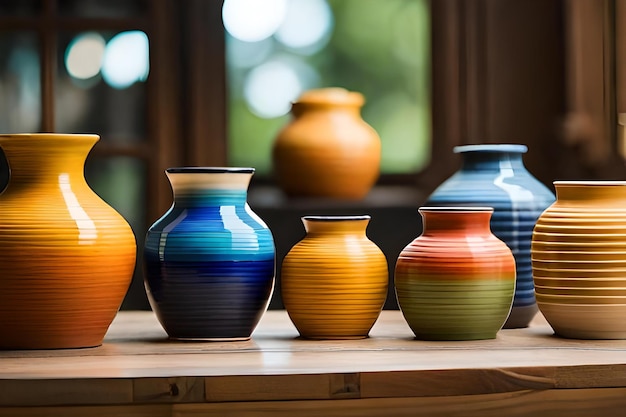 Une rangée de vases colorés se trouve sur une table, dont l'un a une bande bleue.