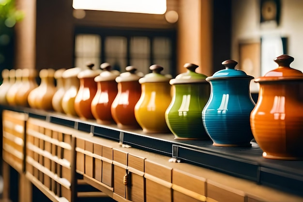 Une rangée de vases colorés sont sur une étagère.