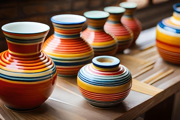 Une rangée de vases colorés sont sur une table.